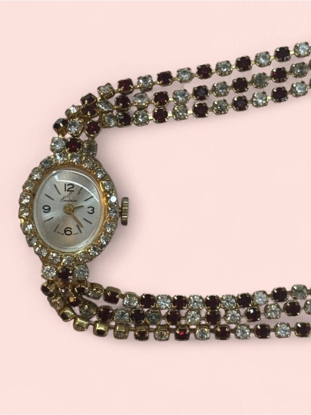 Vintage Eastman Quartz Rhinestone Cocktail Watch Gold Tone Ruby Red